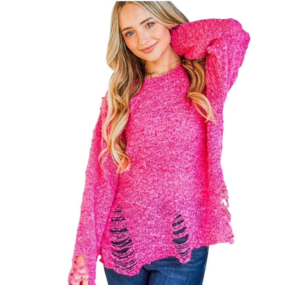 And The Why Pink Distressed Sweater Relaxed Fit Pullover Frayed Long Sleeve